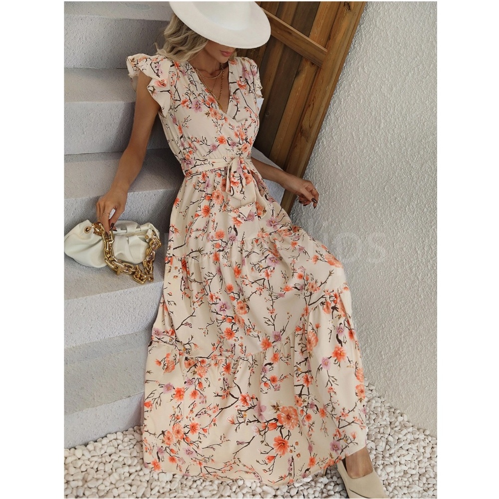 Floral Dress Surplice Overlapping V Neck Fit & Flare Maxi Long  Beige Tie Belt - Picture 5 of 9